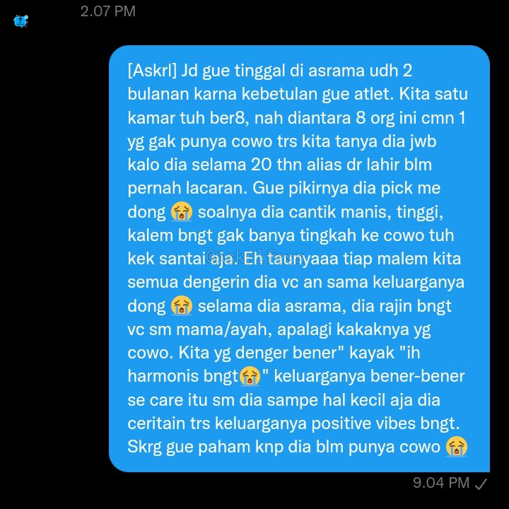 Askrlfess's tweet photo. [Askrl] Gue baru tau dan sadar ternyata keluarga harmonis seberpengaruh itu ya ke kita :) https://t.co/EZgevdTfHH