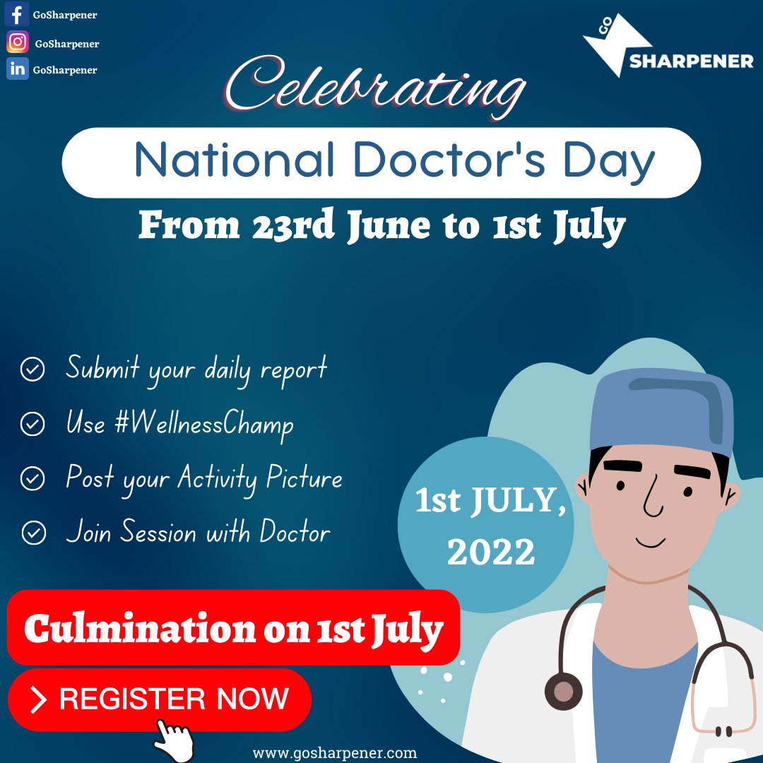 GoSharpener's tweet photo. #GoSharpener is celebrating #Doctor's #Day #week from 23rd June to 1st July.
#Submit your #Daily #report
Share the #Activity #Posts and get a chance to #win #rewards.
Be a part of our #culmination #ceremony and #Join us with our #guest #doctor on July 1st, https://t.co/HaIHLojewL
