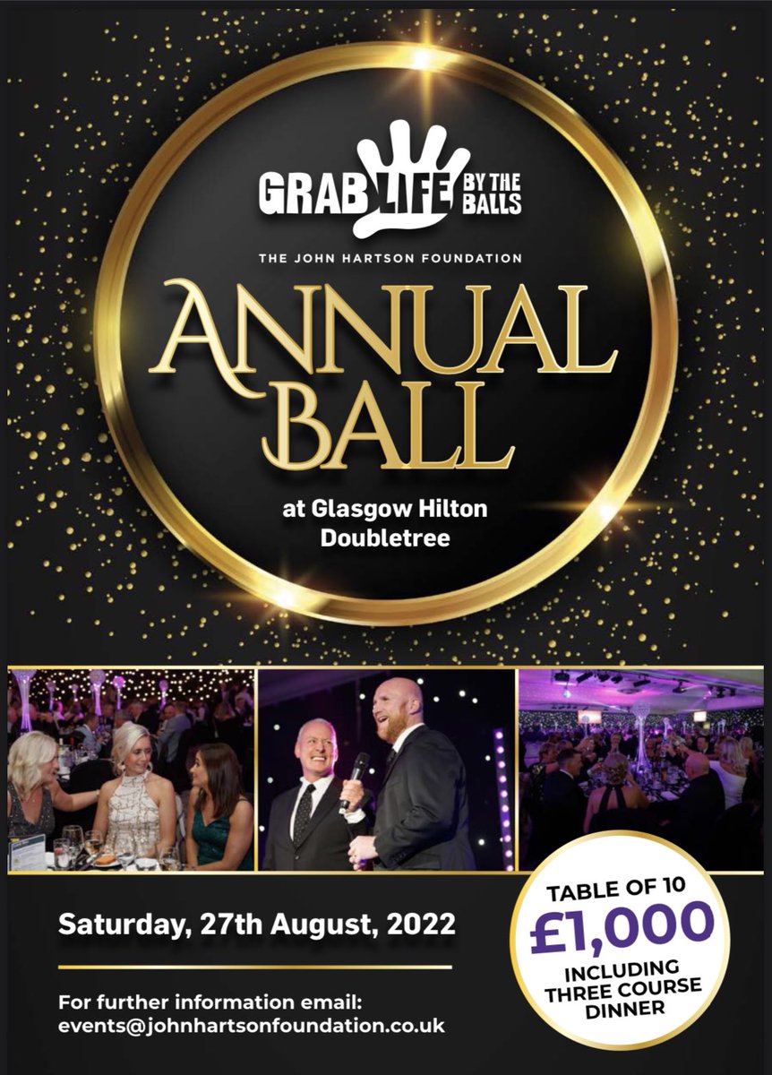 We have a table for 10 people at the John Hartson charity ball for auction. Takes place at Glasgow Hilton on Sat 27th August. Worth £1,000. The event includes dinner and entertainment. All bids should be sent to Brian on 07977920299.
The highest bid will be contacted on 1st July.