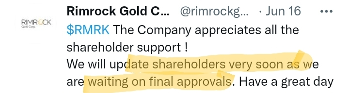 WildRhino's tweet photo. $RMRK

Patiently waiting for an update.

@rimrockgold advised that they're waiting on FINAL approvals. https://t.co/sRT9cFRnjl