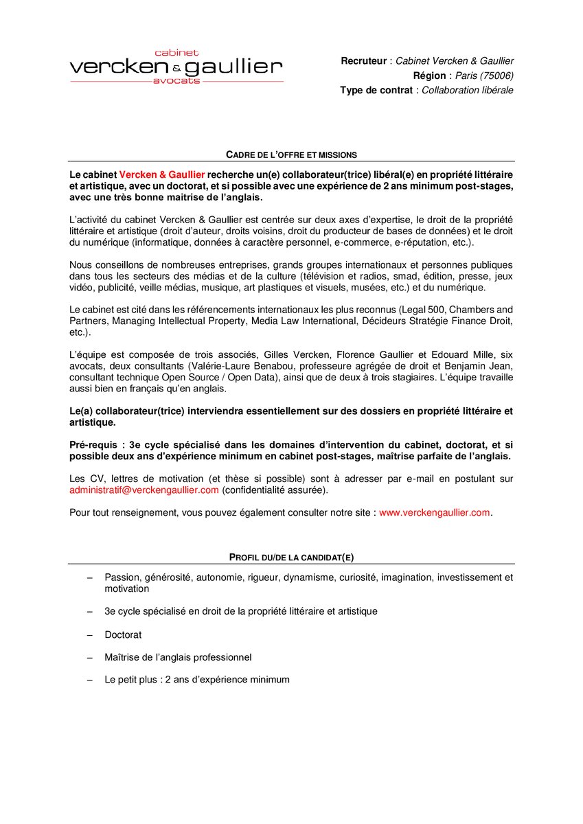 Notre équipe recherche un(e) collaborateur(trice) libéral(e) en droit de la propriété littéraire et artistique. N’hésitez pas à postuler !