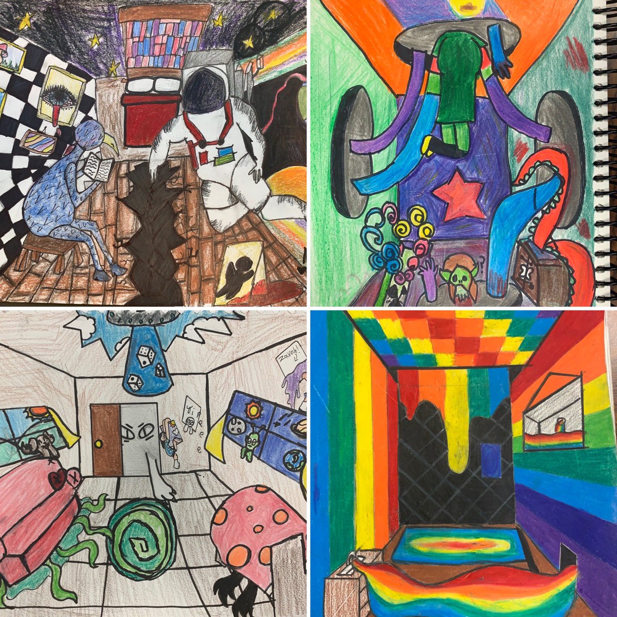 “Surrealist and weird drawings… but in one point perspective” AD-B. 6A1 and 6A2 blew us away with their creativity! <a href="/a_mirasola/">Ms. Mirasola</a> <a href="/MrsKeithK/">K. Keith</a> <a href="/EarnscliffeSPS/">Earnscliffe Eagles</a> @PeelArts1 <a href="/kevseb/">Kevin Sebastian</a>