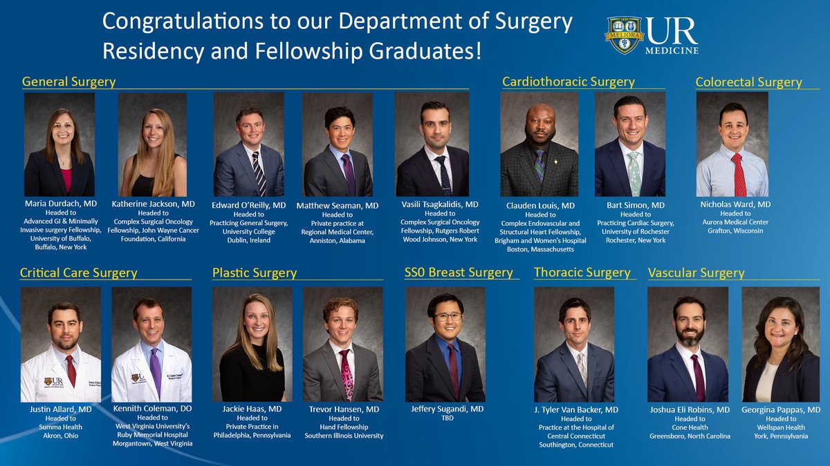 URMC Department of Surgery (@urochestersurg) on Twitter photo We are exceptionally proud of our recent Department of Surgery Residency and Fellowship graduates! Congratulations to all for hard-earned achievements and best of luck in the next adventures!
<a href="/URMCSurgery/">URMC Surgery Residents</a> <a href="/urvascularsurg/">URMCvascularsurg</a> <a href="/URKesslerTrauma/">URMC Kessler Trauma Center</a>
<a href="/URMed_AHF/">UR Medicine Advanced Heart Failure</a> <a href="/SurgeryUr/">UR Plastic & Reconstructive Surgery</a> We are exceptionally proud of our recent Department of Surgery Residency and Fellowship graduates! Congratulations to all for hard-earned achievements and best of luck in the next adventures!
<a href="/URMCSurgery/">URMC Surgery Residents</a> <a href="/urvascularsurg/">URMCvascularsurg</a> <a href="/URKesslerTrauma/">URMC Kessler Trauma Center</a>
<a href="/URMed_AHF/">UR Medicine Advanced Heart Failure</a> <a href="/SurgeryUr/">UR Plastic & Reconstructive Surgery</a>