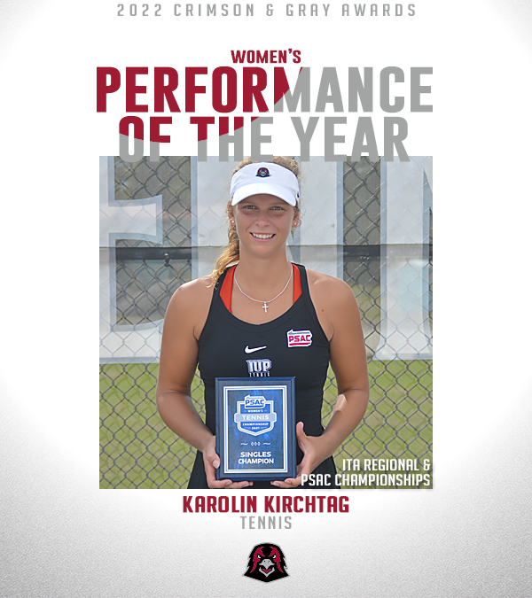 IUPCrimsonHawk's tweet photo. 𝟐𝟎𝟐𝟏-𝟐𝟐 𝐂𝐫𝐢𝐦𝐬𝐨𝐧 &amp; 𝐆𝐫𝐚𝐲 𝐀𝐰𝐚𝐫𝐝𝐬

Performance of the Year

W: Karolin Kirchtag (Regional &amp; PSAC Championships), @IUPtennis 
M: Markus Cestra (vs. UPJ), @IUPBaseball 

#TalonsUp https://t.co/8P7MAmRoAN