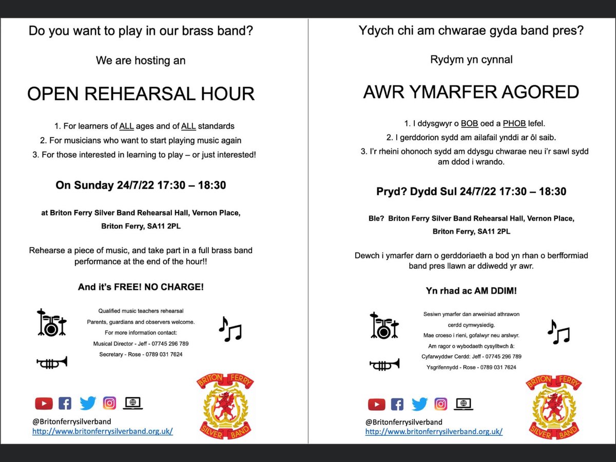 Briton Ferry Silver Band - Band Arian Llansawel (@britonferryband) on Twitter photo Open rehearsal hour - join us - free of charge! 
More info in poster below.
๐ถ๐ผ๐ต๐บ๐ฅ
Awr ymarfer agored - ymunwch รข ni - am ddim!
Mwy o wybodaeth yn y poster isod. Open rehearsal hour - join us - free of charge! 
More info in poster below.
๐ถ๐ผ๐ต๐บ๐ฅ
Awr ymarfer agored - ymunwch รข ni - am ddim!
Mwy o wybodaeth yn y poster isod.