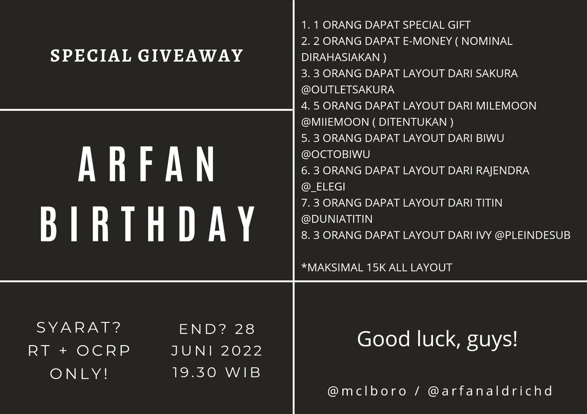 ️

𝙰𝚛𝚍𝚑𝚒

Karena hari ini karakter Arfan ulang tahun dan ditambah tanggal 21 kemarin Podcast Arfan resmi setahun. Mau giveaway buat OCRP only. Syarat, ketentuan dan hadiahnya tercantum di pict ya.

Good luck, guys!

️