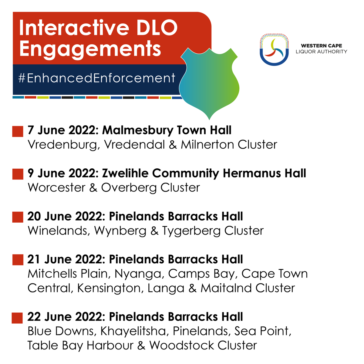 _WCLA's tweet photo. @_WCLA facilitated engagements with the 
@SAPoliceService #LeapOfficers for the period 07 - 22 June 2022. These engagements will be ongoing. #DLOs &amp; #LEAPOfficers are key partners ensuring #PublicInterest informs the effective regulation of liquor #WCLiquorAct @ReagenAllen https://t.co/O8iYnrG7fb