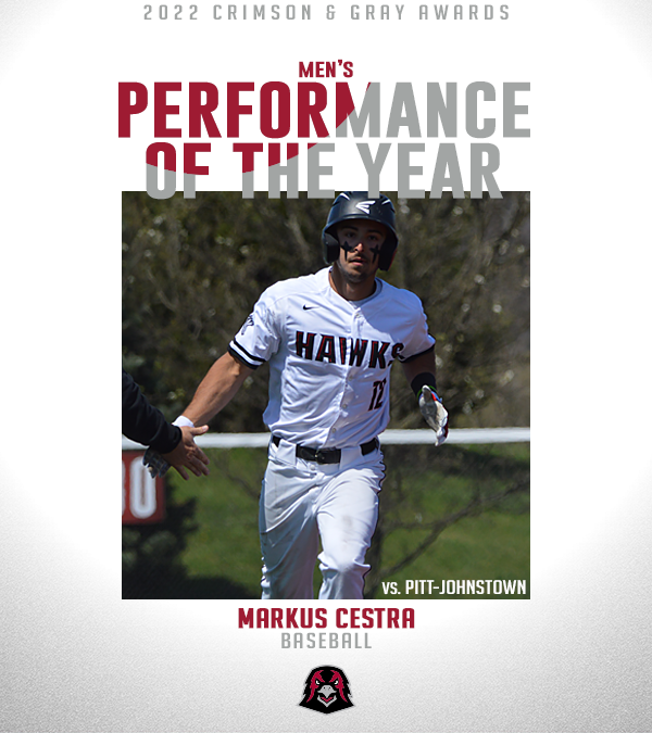 IUPCrimsonHawk's tweet photo. 𝟐𝟎𝟐𝟏-𝟐𝟐 𝐂𝐫𝐢𝐦𝐬𝐨𝐧 &amp; 𝐆𝐫𝐚𝐲 𝐀𝐰𝐚𝐫𝐝𝐬

Performance of the Year

W: Karolin Kirchtag (Regional &amp; PSAC Championships), @IUPtennis 
M: Markus Cestra (vs. UPJ), @IUPBaseball 

#TalonsUp https://t.co/8P7MAmRoAN