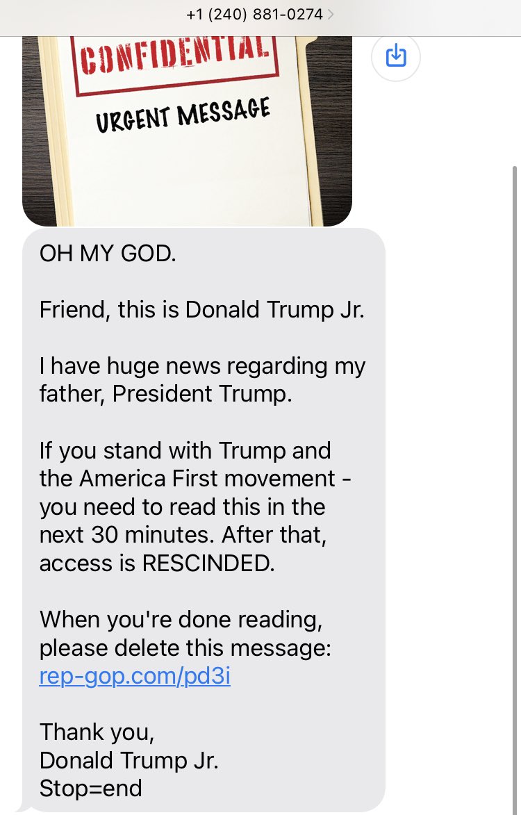 GraduatedBen's tweet photo. @DonaldJTrumpJr can you please stop sending me these texts https://t.co/Xt2SnZOAWM