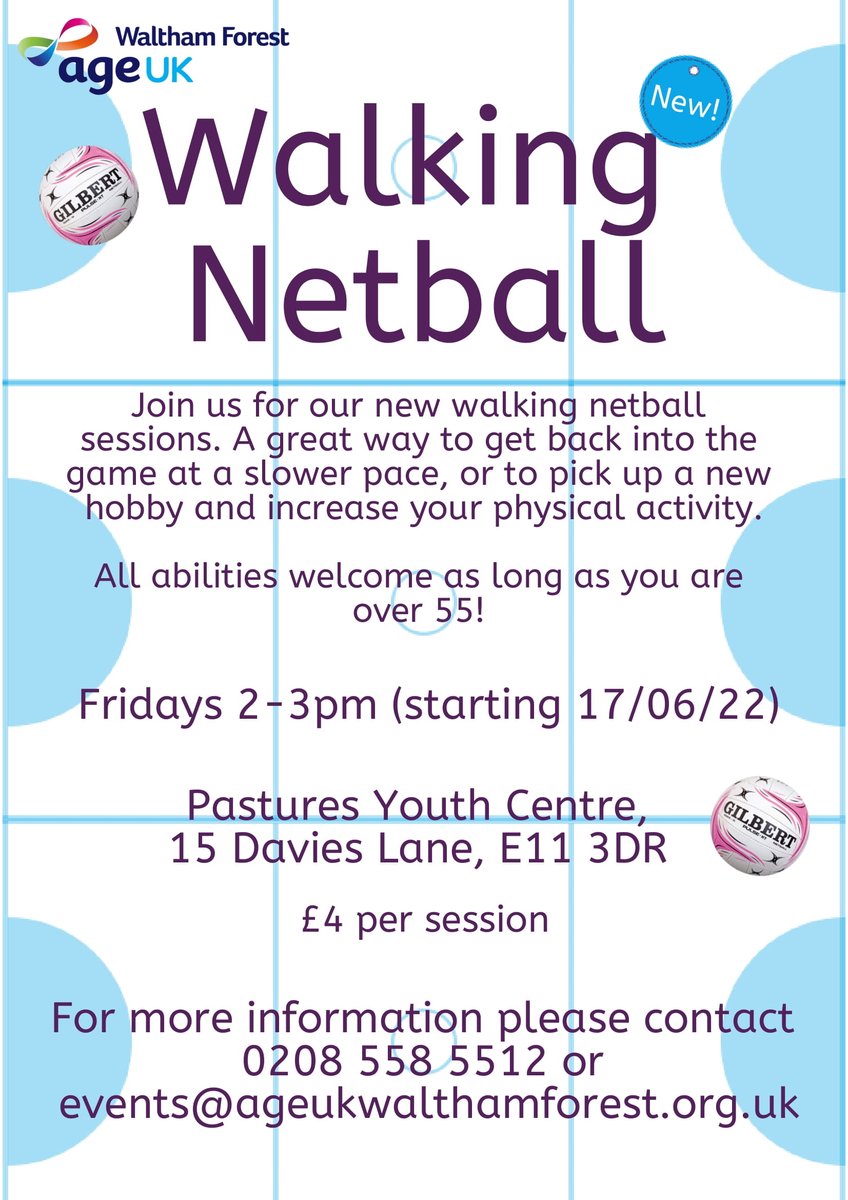 Aged 55+ and always loved netball? Fancy a game? Then walking netball is for you. Sessions are running on Fridays, 2-3pm, at Pastures, supported by @ageukwalthamforest
Check the poster for full details. We look forward to seeing you on court!