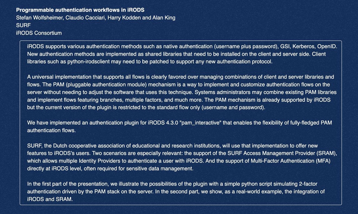 irods's tweet image. This #iRODSUGM presentation from @SURF_NL will describe an #authenticationplugin for #iRODS 4.3.0 that enables the flexibility of fully-fledged PAM #authenticationflows. The talk will be on-air at 2 PM CET / 8 AM ET on July 6. #DataManagement #DataStorage

irods.org/ugm2022/