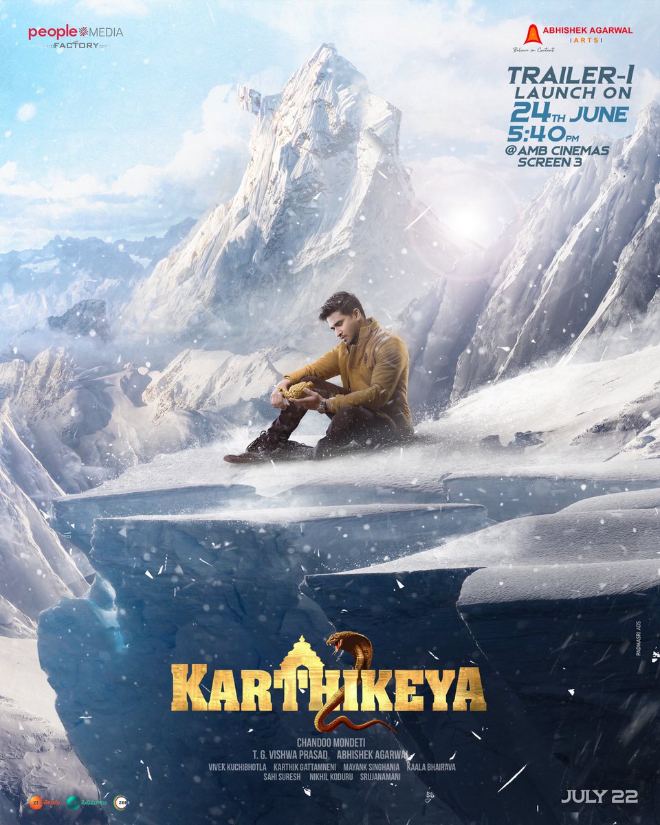 actor_Nikhil's tweet photo. The #Karthikeya2 First Visual Trailer will be out Tomorrow 5:40 pm at AMB cinemas… 
Made for the Big Screen … I’m Excited to show it to you all on the Big Screen as it is playing along with #PakkaCommercial Movie in all theatres..  @anupamahere @vishwaprasadtg @AbhishekOfficl https://t.co/Bcd0R7ArYo