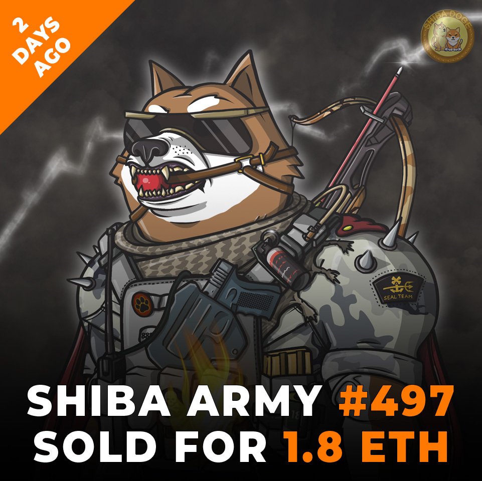 Two days ago this #497 super rare #ShibaArmy Navy Seal #NFT sold for 1.8 ETH. There is only 62 in the collection. #Steal 

Your next chance to mint will be this Monday. 

Missed #Shiba &amp; #Doge? Don't miss #ShibaDoge 

#ShibaDogeArmy #NFTCommunity #NFTs