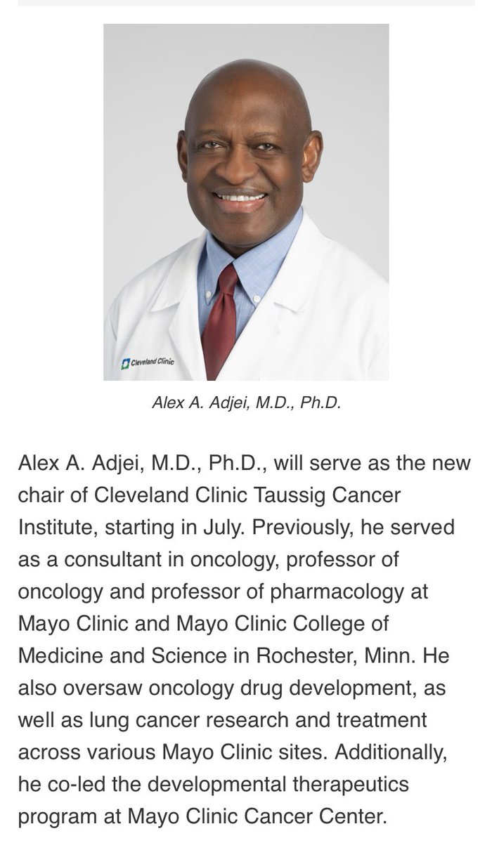 jamecancerdoc's tweet photo. We are excited to welcome Dr. Alex Adjei to @ClevelandClinic @CleClinicMD #CleClinicCancer as the new Chair  of Taussig Cancer Instiute. https://t.co/GqwrfhW3h1 https://t.co/gGlZMKZzq7