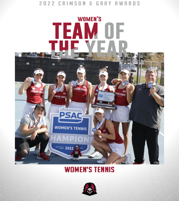 IUPCrimsonHawk's tweet photo. 𝟐𝟎𝟐𝟏-𝟐𝟐 𝐂𝐫𝐢𝐦𝐬𝐨𝐧 &amp; 𝐆𝐫𝐚𝐲 𝐀𝐰𝐚𝐫𝐝𝐬

Team of the Year

W: @IUPtennis 
M: @IUP_MBB 

#TalonsUp https://t.co/oyd8unRZqK