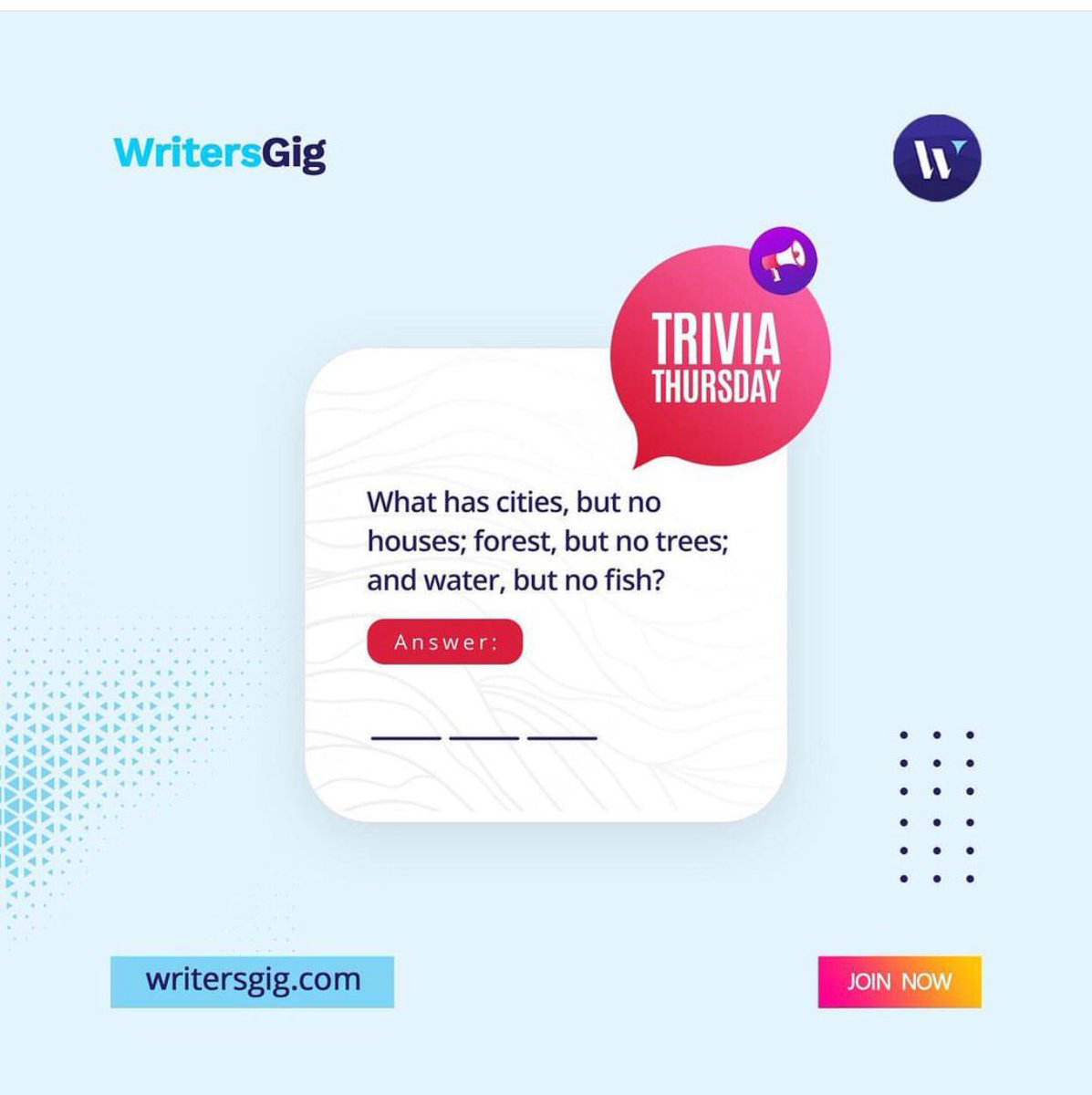 WritersGig's tweet photo. Thursday trivia! Easy peasy!

What has cities, but no houses...?

Share your answer with us in the comment section.

I know you know the answer 😉
Hot brain like you!🤯

#writersgig #thursdaytrivia #teaser #june2022 #june23 #june23rd #thursdayteaser https://t.co/2CNaug9uBG