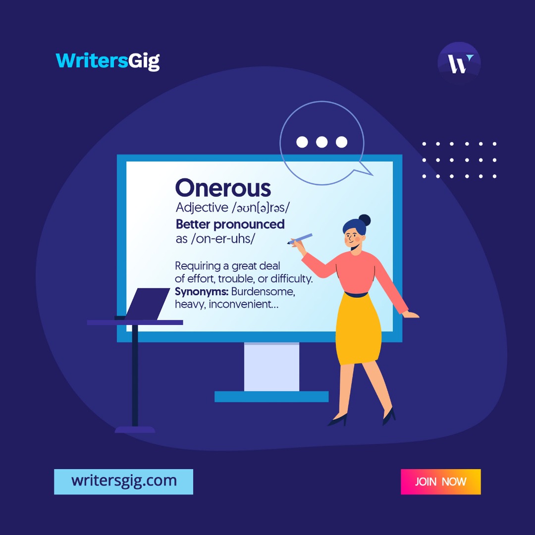 WritersGig's tweet photo. Here’s the new word for today: ONEROUS

This is an adjective pronounced as
/əʊn(ə)rəs/ or /on-er-uhs/

Meaning: Requiring a great deal of effort, trouble, or difficulty.
Synonyms: Burdensome, heavy...

Is this your first time coming across this word?
#writersgig #writingcommunity https://t.co/A39c1XKBvp