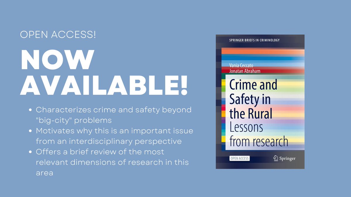 SpringerCrim's tweet photo. Congrats @cambvace and Jonatan Abraham on the publication of your #OA #SpringerBrief, Crime and Safety in the Rural! Curious about overlooked #rural #crime? Download the #freebook here: https://t.co/OGPcjllzB3 https://t.co/qZmd28r7Ha