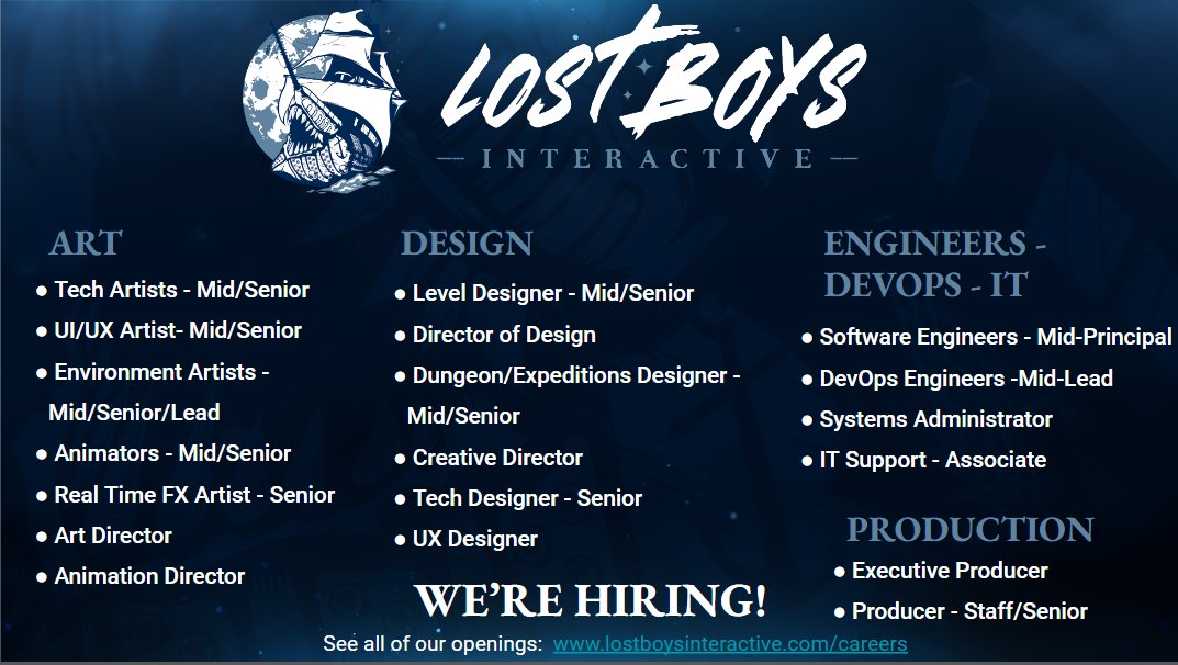 New games means continued growth at Lost Boys Interactive. You couldn't find a better group of co-creators to work with! Climb Aboard!

@gameshouter #gamedevjobs  #remotegamejobs #gameart #vfxjobs #ue4 #devopsjobs #gamedev #gamedesign  #lovewhereyoucreate