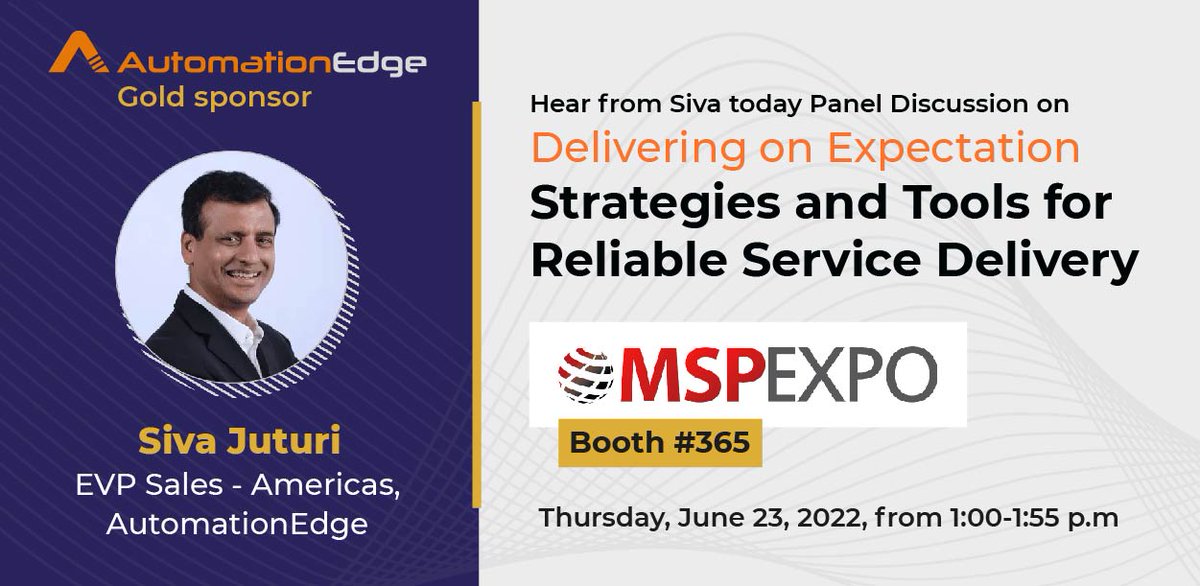 AutomationEdge's tweet image. Don’t miss the opportunity to listen to @sivajuturi  EVP, USA today to get through the most sought-after technology and tools to increase the valuation of your company. 
Siva will unveil the top trend technology like #ConversationalRPA, and #ConversationalIT 
#MSPEvent #MSPs