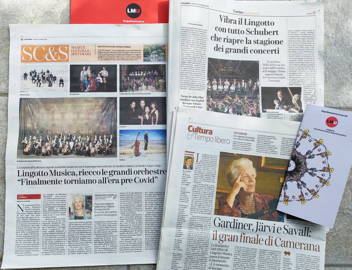 🗞️ Si parla della nostra Stagione 2022-2023 su <a href="/StampaTorino/">La Stampa Torino</a>, <a href="/rep_torino/">Repubblica Torino</a> e <a href="/CorriereTorino/">Corriere Torino</a>! Scopri tutti gli appuntamenti e rinnova il tuo abbonamento a partire da lunedì #27giugno!

🔴 I Concerti del Lingotto: bit.ly/3ndHGV4
🔵 Lingotto Giovani: bit.ly/3ygk6gE