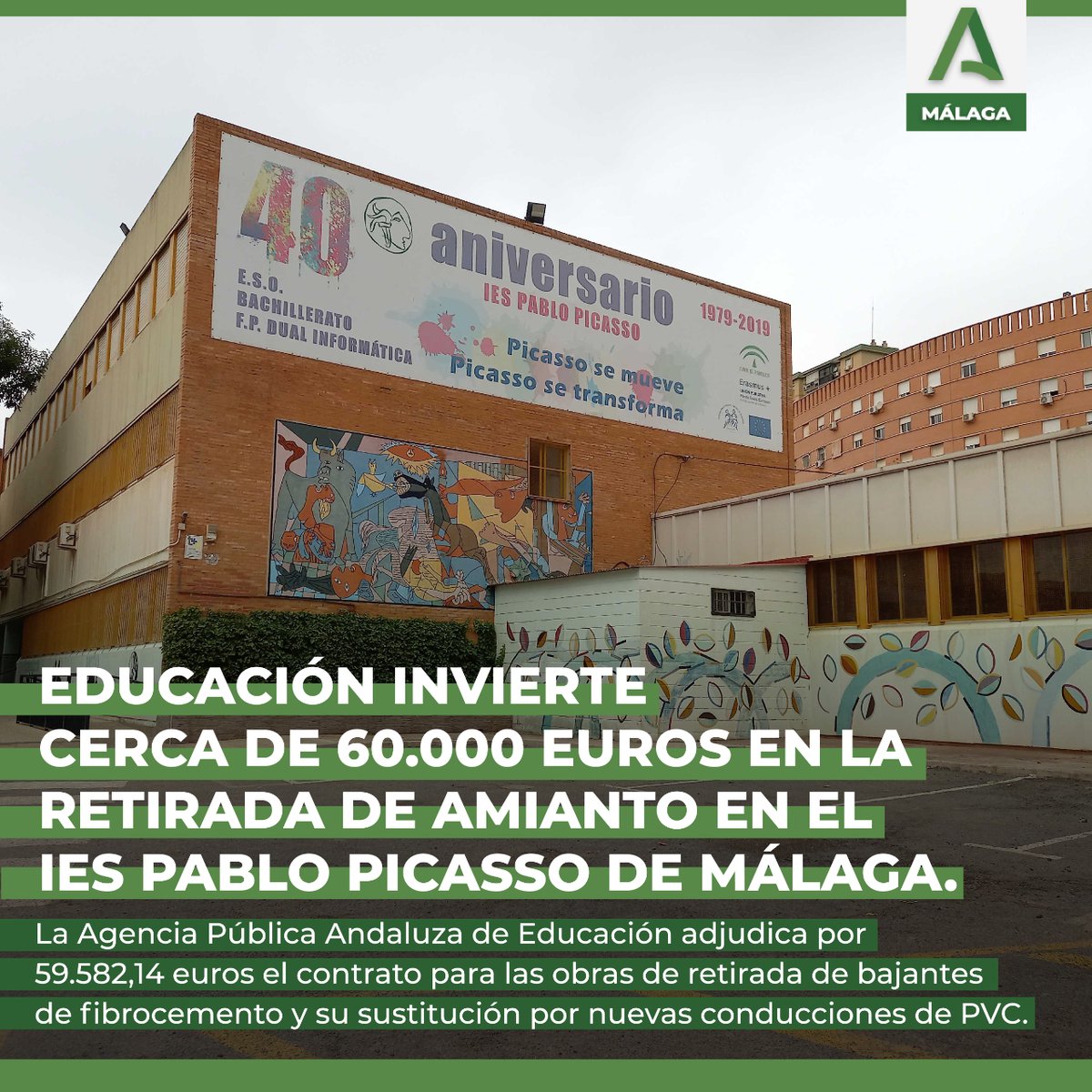 📢 🏫 La Consejería de Educación y Deporte, a través de la Agencia Pública Andaluza de Educación, ha adjudicado las obras de retirada y sustitución de los bajantes de amianto existentes en diferentes espacios del Instituto de Educación Secundaria (IES) Pablo Picasso de Málaga.