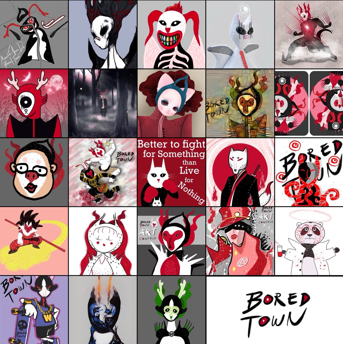 Thank you so much to 23 entries that joined #BoredTownArtContest. All are so dope! 🖤♥️🤍👹

We’re going to announce 5 winners on 25 June, 8 am UTC. Please join discord.gg/boredtown to vote for your favorite piece on 🎨 art contest channel.

#BoredTown #NFTCommunity