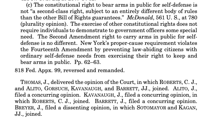 BRUEN MEGATHREAD: The Supreme Court has ruled 6-3 that New York's "proper cause" requirement is unconstitutional. Link: supremecourt.gov/opinions/21pdf… We'll post comments and analysis here. More to come!