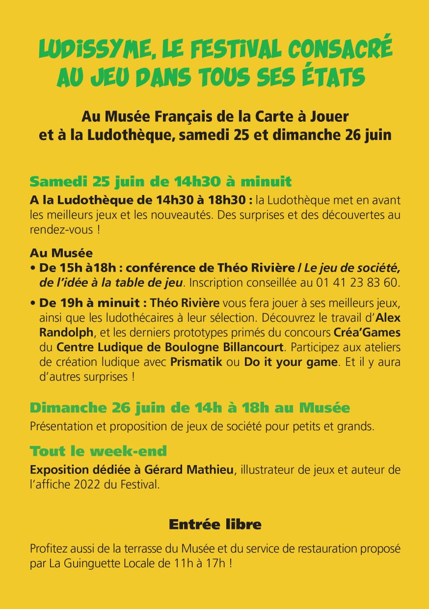 [ ÇA SE PASSE AILLEURS CE WEEK-END ]
Ce week-end, se tiendra Ludissyme, le festival isséen dédié à la création ludique, à la Ludothèque et au Musée de la Carte à Jouer !
Pour l'occasion, les jeux primés au Concours &amp; édités par la suite, seront présentés samedi soir.