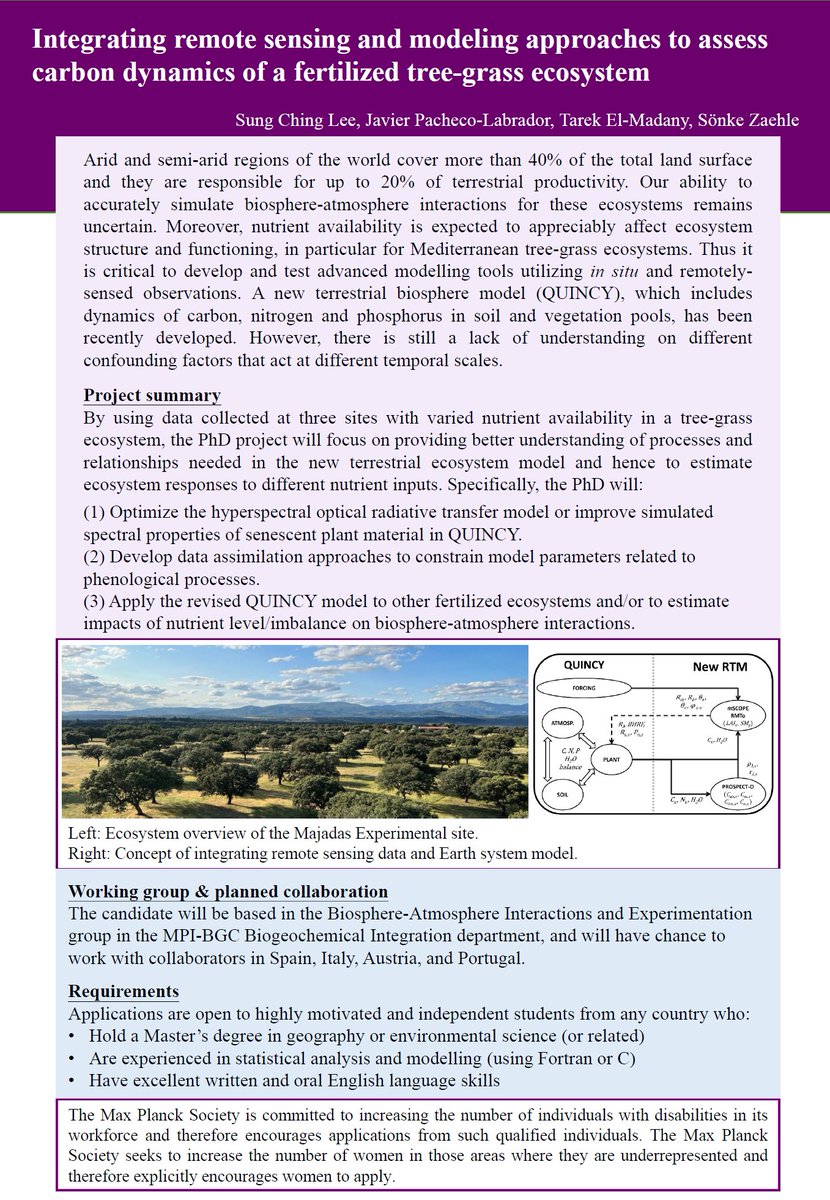 Sung Ching (Nick) Lee (@sclee_micromet) on Twitter photo I am looking for PhD students interested in long term carbon exchanges and modelling C-N-P interactions of Savanna ecosystem <a href="/MPI_BGC/">Max Planck Institute for Biogeochemistry</a>. Please don't hesitate to DM/email me for details or questions!
Detailed information about application can be found here: bgc-jena.mpg.de/domains/imprs-… I am looking for PhD students interested in long term carbon exchanges and modelling C-N-P interactions of Savanna ecosystem <a href="/MPI_BGC/">Max Planck Institute for Biogeochemistry</a>. Please don't hesitate to DM/email me for details or questions!
Detailed information about application can be found here: bgc-jena.mpg.de/domains/imprs-…