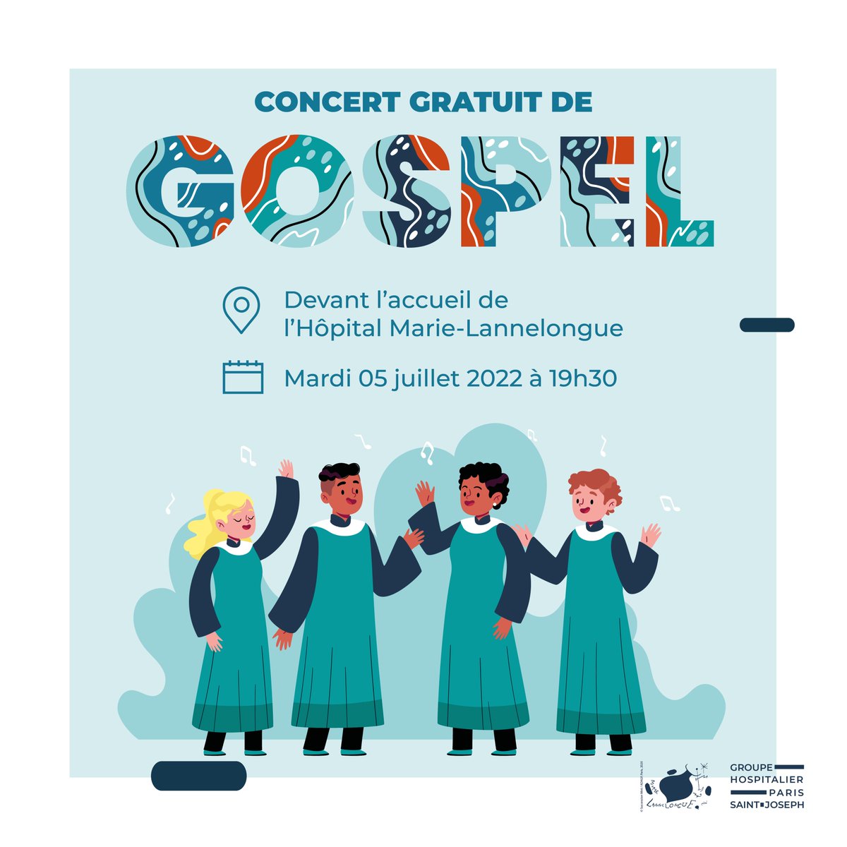 La Bulle du Personnel de l'Hôpital Marie-Lannelongue organise un #concert de #Gospel gratuit pour tous ! #Patients, #Familles et tout le #Personnel de l’hôpital sont invités.

Venez nombreux assister au "Chœur Gospel I love the Lord" de Fontenay-aux-Roses !

#Sante #Bienêtre