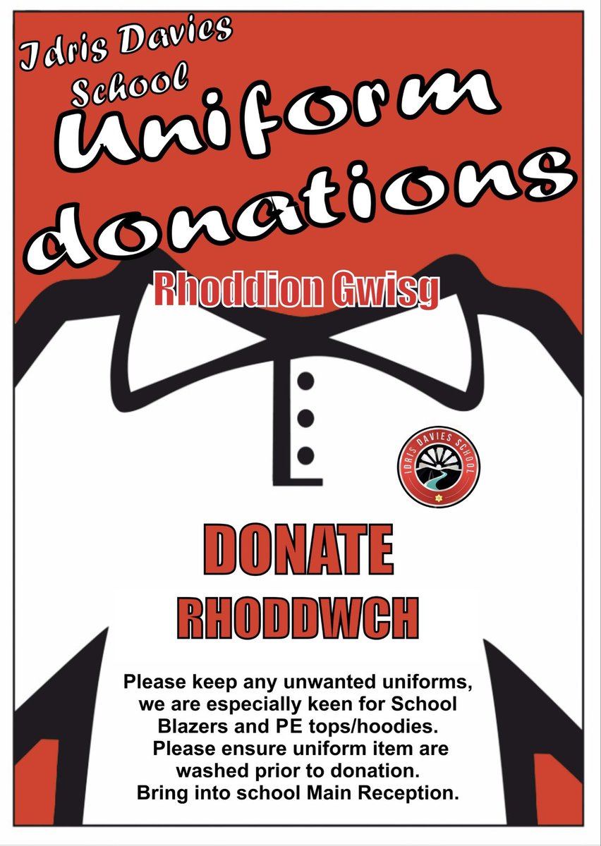 Mr Owen (@mrowenacshead) on Twitter photo If you have any items of <a href="/IDS3to18/">Idris Davies School 3_18</a> school uniform that you would like to donate please drop off at either of our reception areas - diolch yn fawr 😊 If you have any items of <a href="/IDS3to18/">Idris Davies School 3_18</a> school uniform that you would like to donate please drop off at either of our reception areas - diolch yn fawr 😊