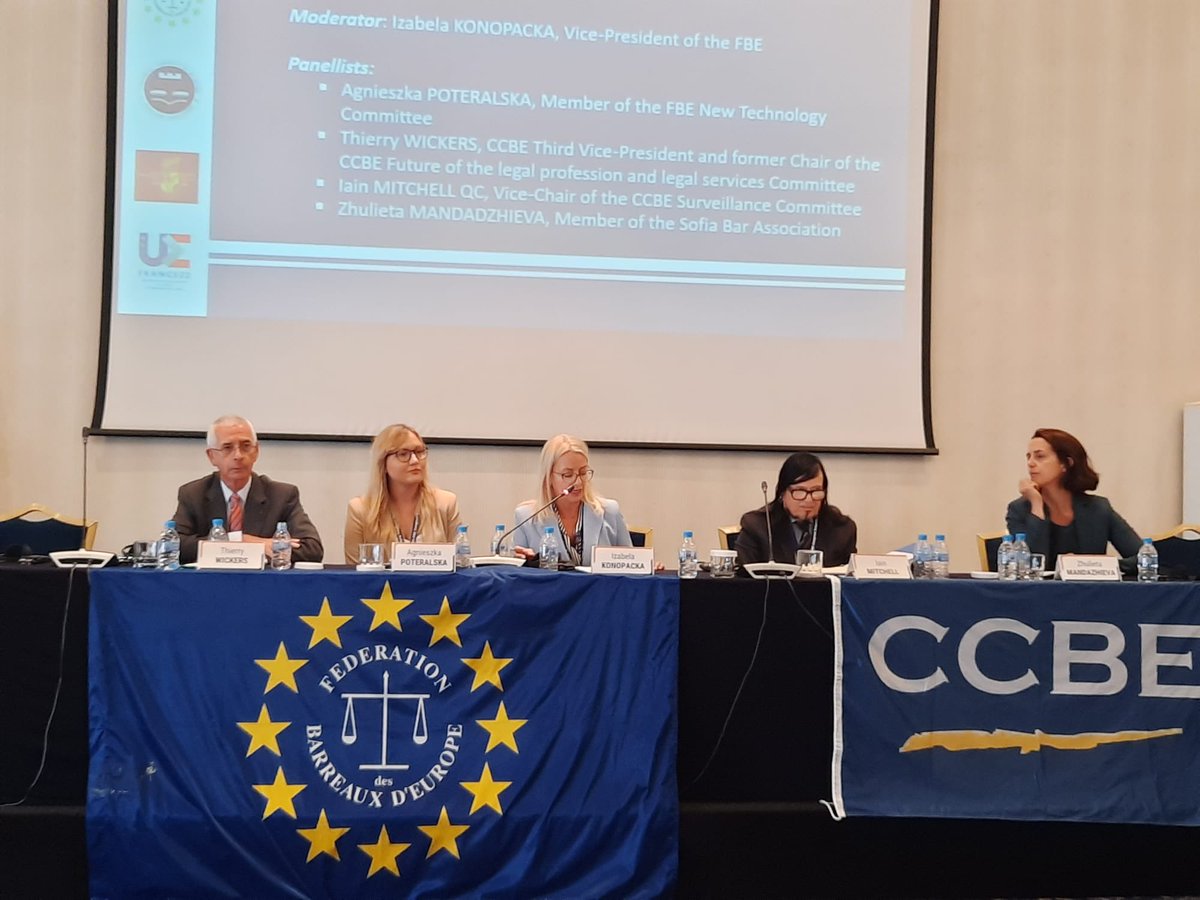 Panel discussion on innovation and the digitalisation of legal practice with Agnieszka Poteralska Member FBE New Tech Committee, Thierry Wickers CCBE Third Vice Pres., Iain Mitchell Vice - Chair CCBE Surveillance Committee and Zhulieta Mandadzhieva Member Sofia Bar Association.