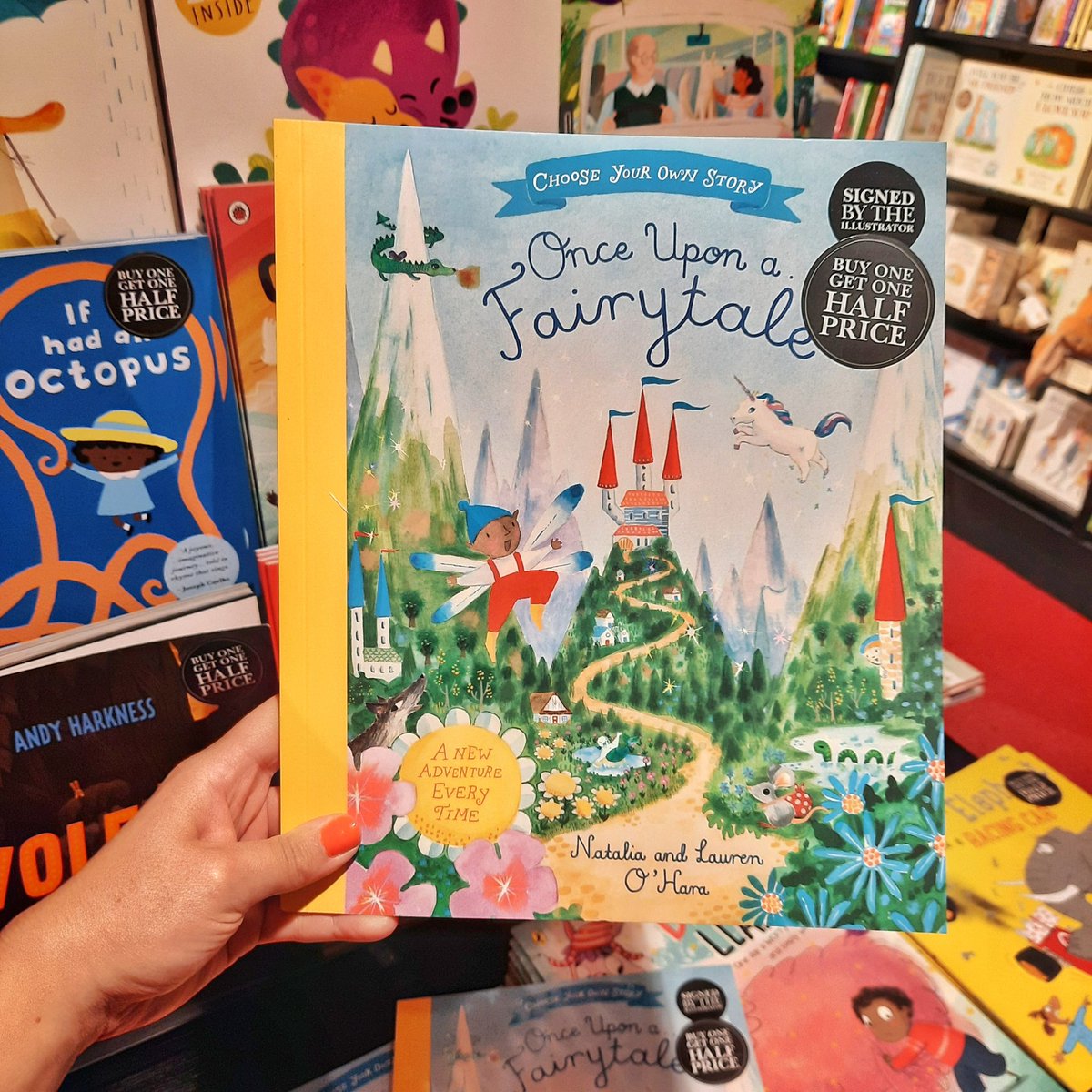 WaterstonesTraf's tweet photo. Lauren @oharasisters has just paid us a visit to sign copies of the magical #OnceUponaFairytale .
Such a gorgeous, fun, #chooseyourownstory book ✨️ https://t.co/Gq9HSnPXCK