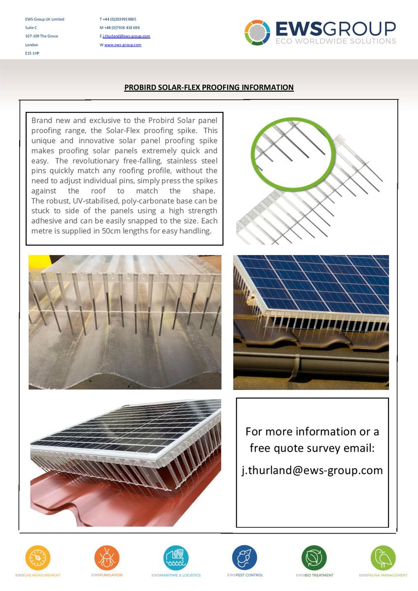 EWS_PestControl's tweet image. Have you got Pigeons nesting under your solar panels? If so we have the solution with the innovative Solar-flex proofing system that match to the shape of the roof in our case study installed this week on a local warehouse roof to deny the birds access underneath the panels.