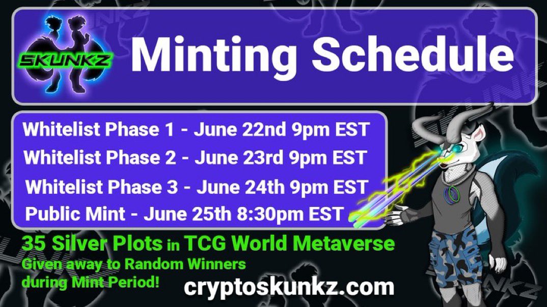 If you are apart of #cryptoskunks #nft project, our minting is live ! #whitelist phase two starts today !! #Ethereum #NFTCommunity come check out <a href="/SkunkzNFT/">Crypto Skunkz</a>