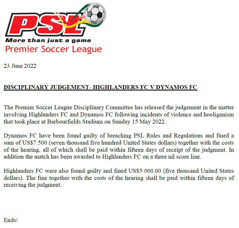 CastleLagerPSL's tweet photo. Disciplinary Judgement- Highlanders v Dynamos: https://t.co/DmKvBe3MFQ