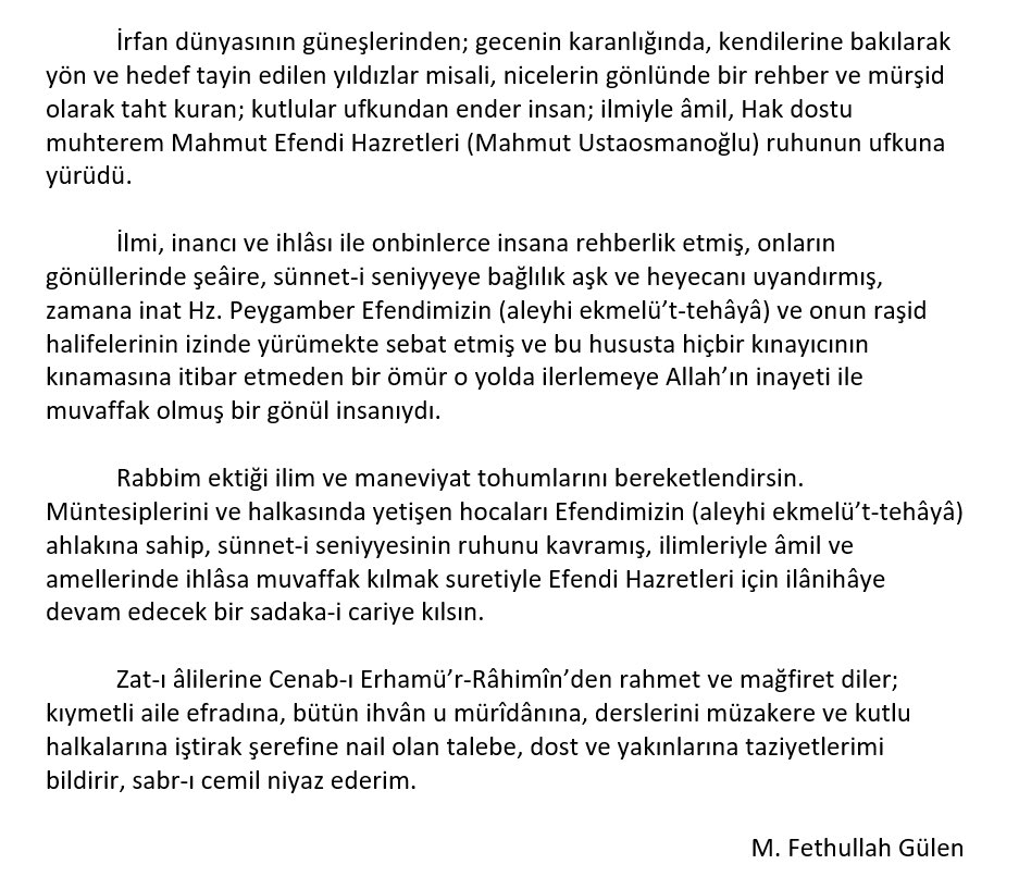 Herkul_Nagme's tweet photo. Muhterem Fethullah Gülen Hocaefendi’nin Mahmud Efendi (Mahmut Ustaosmanoğlu) Hazretlerine taziyeleri: https://t.co/iXMn0KbplH