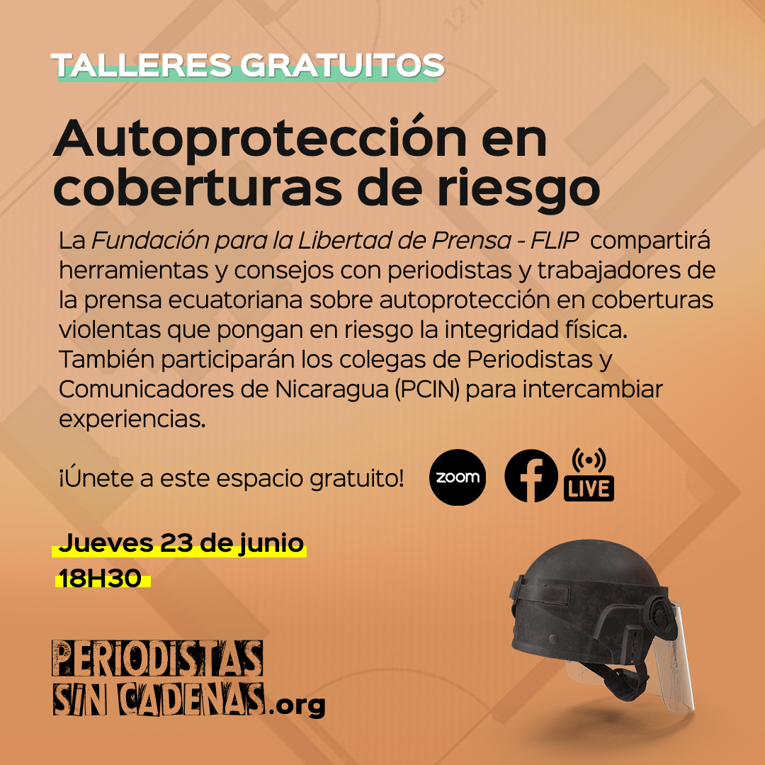 🔴¡HOY! Organizamos un taller sobre autoprotección para periodistas y trabajadores de la #prensa con apoyo de la <a href="/FLIP_org/">Fundación para la Libertad de Prensa (FLIP)</a>. También nos acompañarán <a href="/PeriodistasNica/">Periodistas y Comunicadores de Nicaragua</a> para compartir experiencias de autocuidado. 

¡Únete!

📢 23 de junio a las 18:30
ZOOM: us02web.zoom.us/j/84310593258
