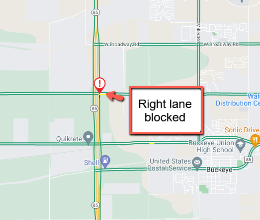 ArizonaDOT's tweet photo. State Route 85 northbound near West Southern Avenue: A crash is blocking the right lane.
#aztraffic #SR85 https://t.co/uEislcSZzu