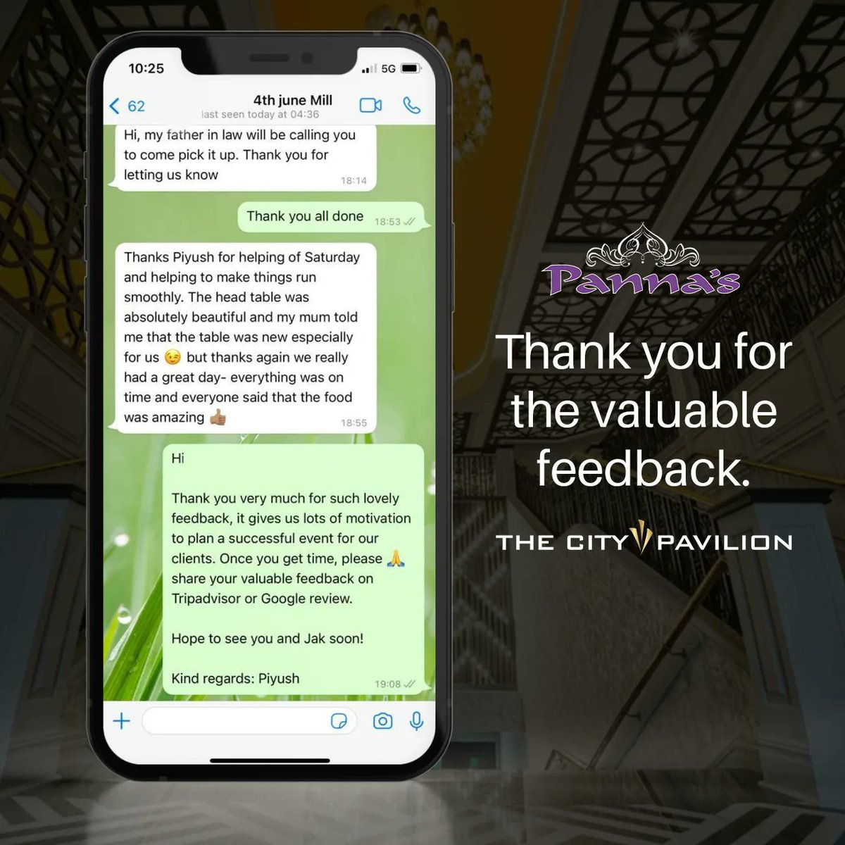 Pannaslondon's tweet photo. Thank you for the valuable feedback...

Don't forget to give us review on google.
#TheCityPavilion #PannasLondon #WeddingMemories #GoodFood https://t.co/gAbTXIMzQ6