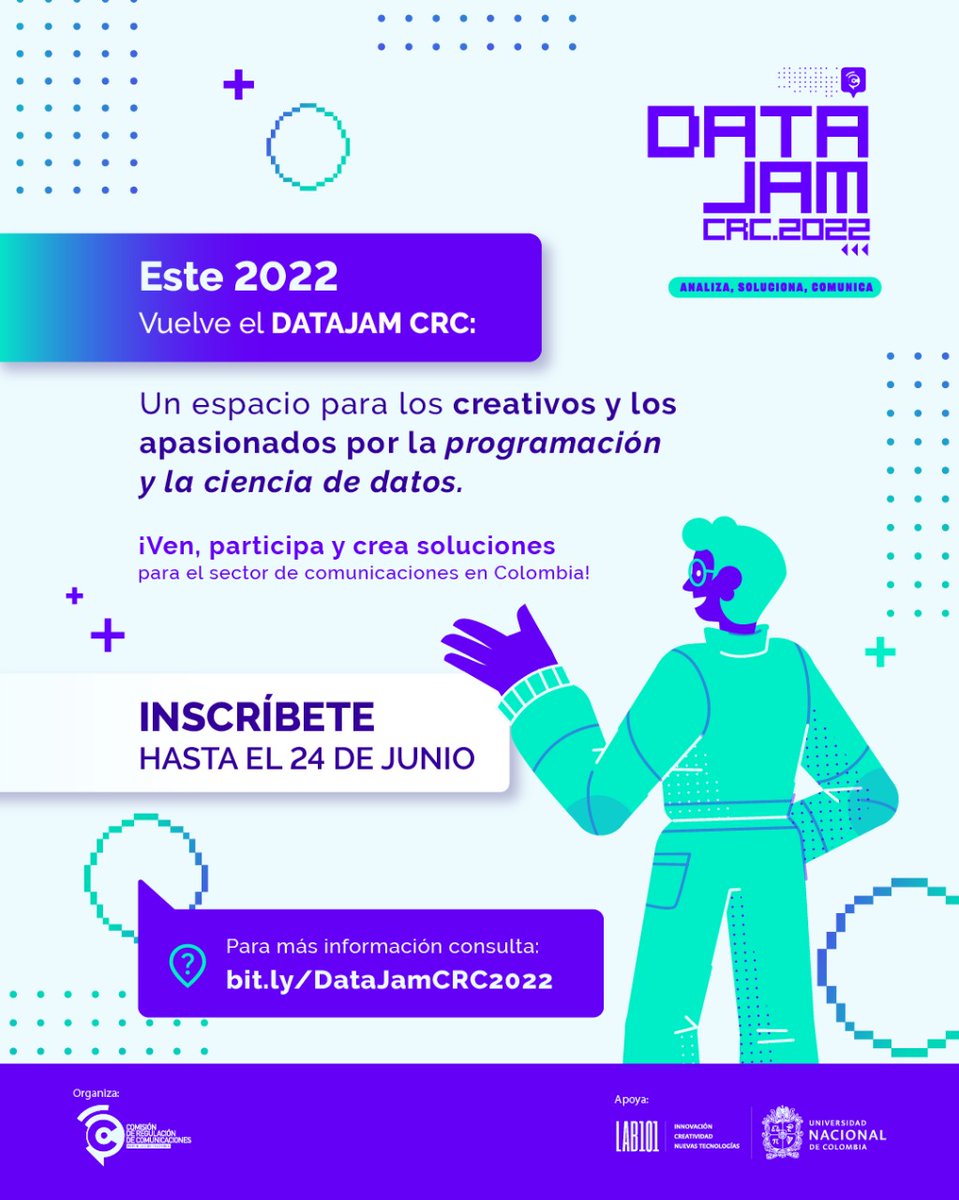 Lab101UNAL's tweet image. ¡Queda un día para la inscripción! La exploración de los datos al servicio de la ciudadanía es clave en esta versión del #DataJam2022. Ven, participa, vive los datos y soluciona retos.
