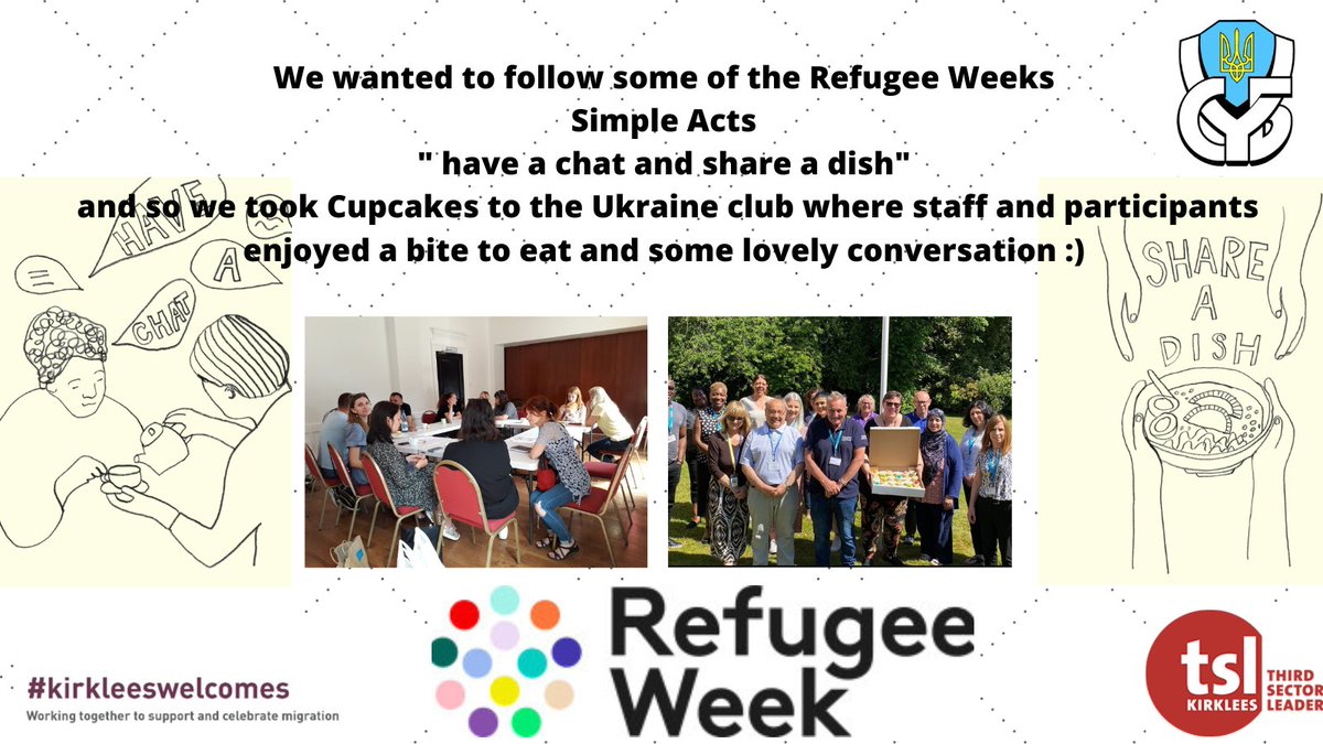 We have worked with @Kirkleeswelcomes and <a href="/AUGBHUDDS/">Huddersfield Ukrainian Club</a> to support new arrivals from The Ukraine over the last few months and today we wanted to take some time with them and the amazing staff who work with them to enjoy a chat and some cake to celebrate Refugee week! <a href="/RefugeeWeek/">Refugee Week 🧡</a>