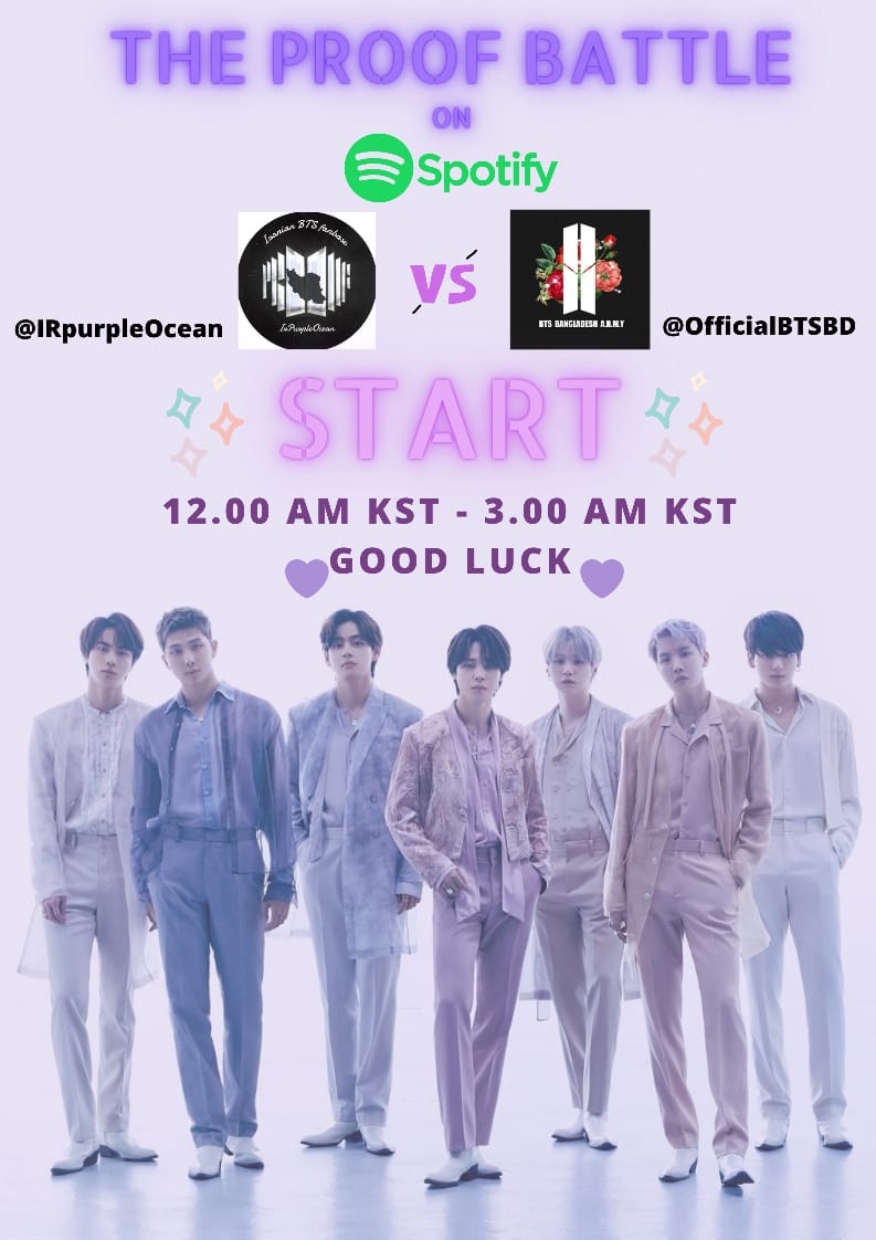 BD ARMYs, The battle has started! 🔥

Please drop you ss under this tweet with the hashtag and keyword 💜

#TheProofBattle_BanVsIran #ProofBD

PROOF BANGLADESH 

Playlist : open.spotify.com/playlist/4wxUT…