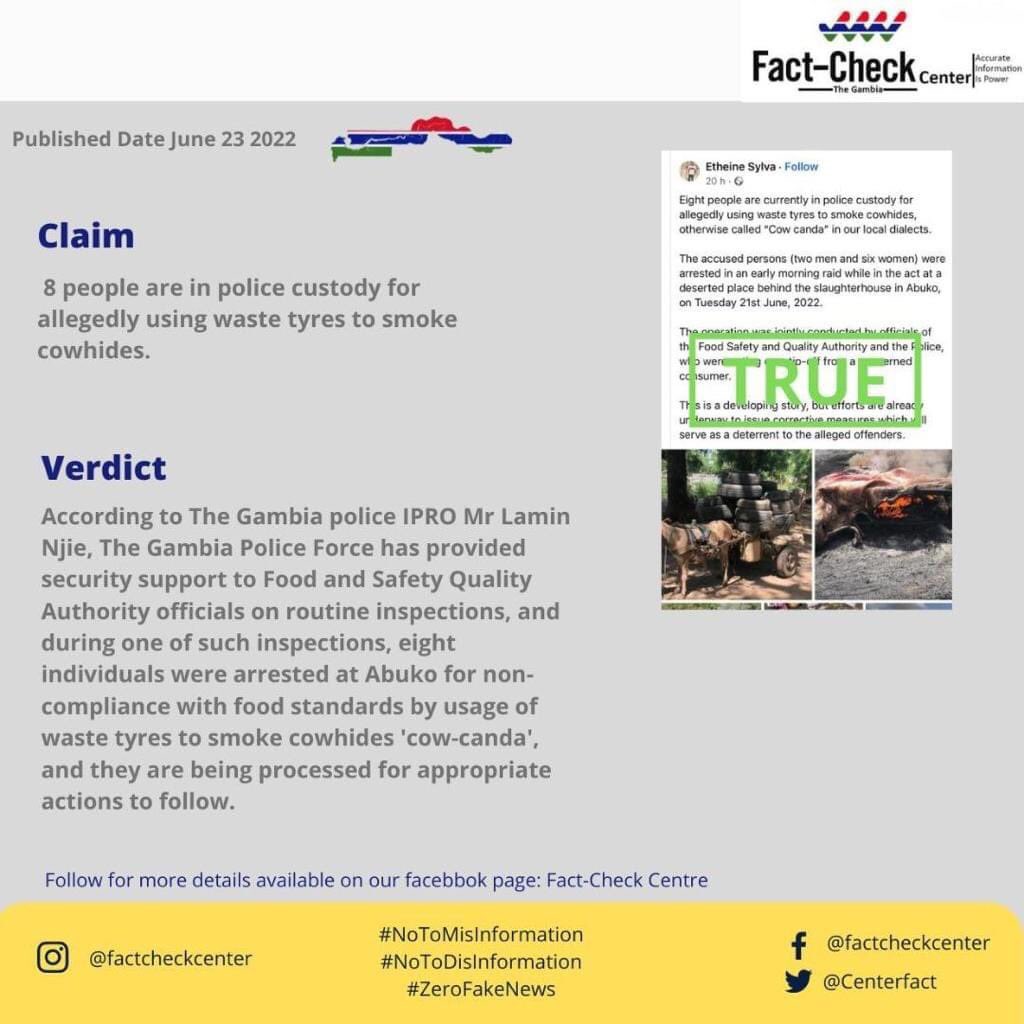 CentreFact's tweet photo. Fact-check

8 people in police custody for allegedly using waste tyres to smoke cowhides 

Verdict: True

@CDDWestAfrica 
@CRPDgm 

#StopFakeNews https://t.co/eG1pbvoYCN