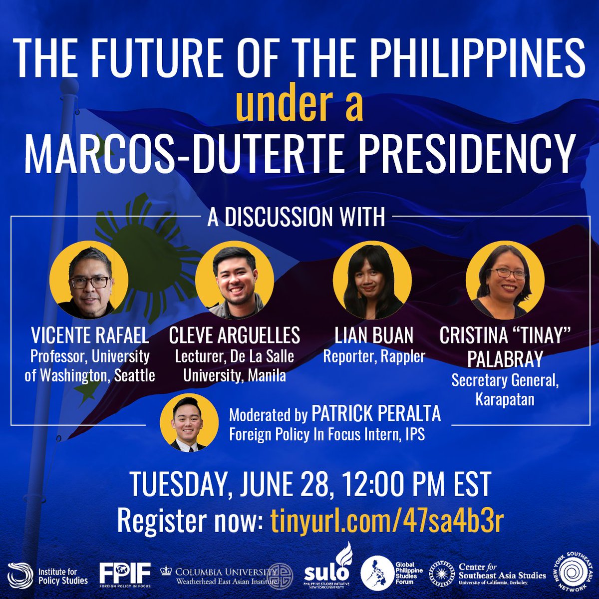 IPS_DC's tweet photo. A Marcos-Duterte administration is now set to lead the Philippines. What lies ahead?

📅 Join Tues 6/28, 12-1:30 pm EST, for an expert discussion with @vrafael82, @CleveArguelles, @lianbuan, &amp; @TinayPalabay, mod. by our @FPIF intern @patjperalta.

Sign up: https://t.co/lJETBQXicf https://t.co/2lBmo7xdB1