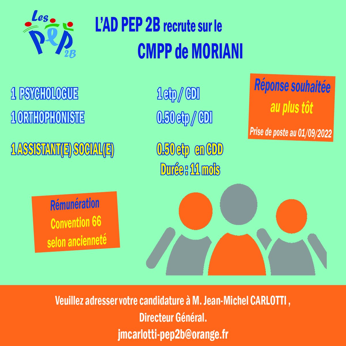 pep_2b's tweet photo. Offres d'emploi au CMPP de Moriani. Merci de relayer !
#offredemploi #offreemploi #job #recrutement #cmpp #psychologue #orthophoniste #assistantsocial #servicesocial #emploi #corse #moriani #sannicolao #cdi #cv #candidatures #corse https://t.co/x6nMbnfZf4