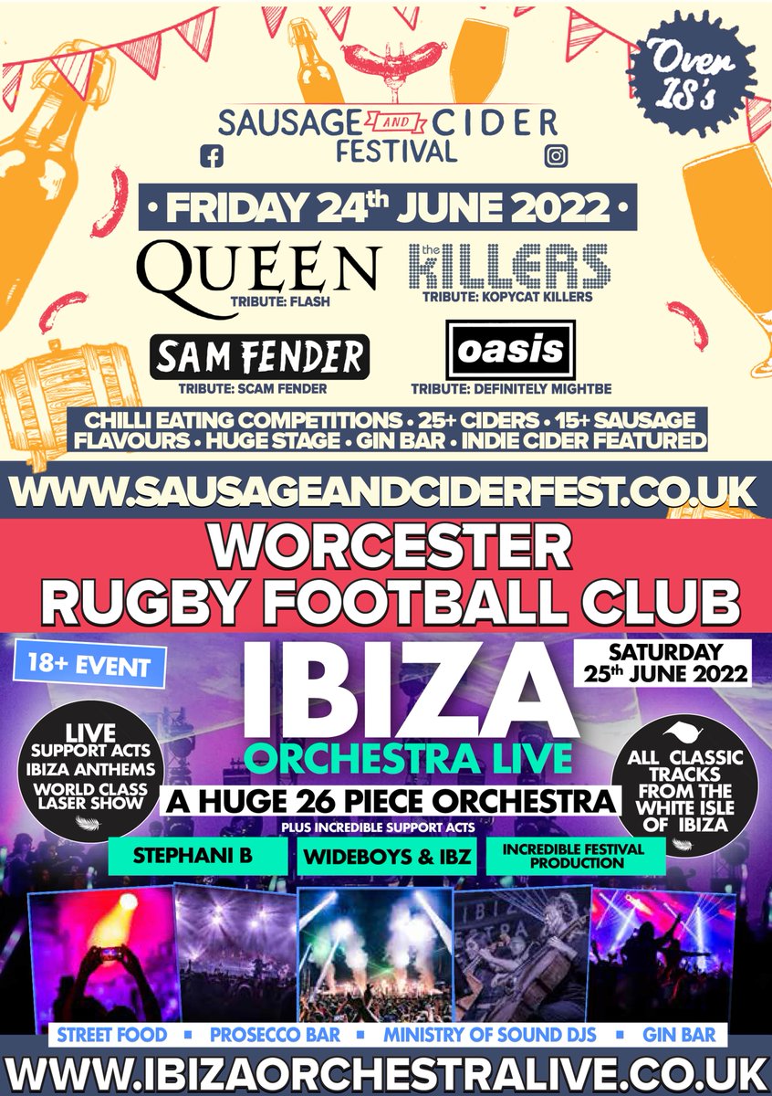 If you are attending the Sausage and Cider festival or Ibiza Orchestra events at our neighbours over the road, book your parking with us now! Please note, these events are not run by Sixways Stadium. Book car parking here 👉 bit.ly/BookCarParking…