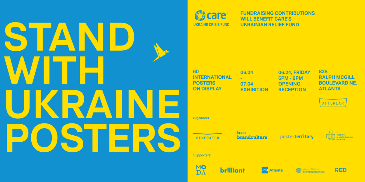 ATLIntlAffairs's tweet photo. TOMORROW! @ATLIntlAffairs is a proud supporter of "Stand With Ukraine," a poster exhibition showcasing 60 posters selected from 1000 submissions &amp; 50 countries. Join us for the opening reception tomorrow, 6/24, 6PM @aftercarbar. 🇺🇦 
  
🔗to register 👉 https://t.co/GX1D3Uj0Wh https://t.co/vBuTlEtNyl