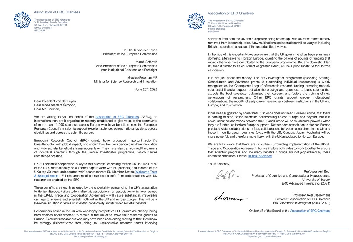 ERCGrantees's tweet photo. The Association of ERC Grantees has sent an open letter to EC President Ursula @vonderleyen, to EC VP @MarosSefcovic and to UK MP @GeorgeFreemanMP about the #HorizonEurope delay that critically impairs UK ERC Grantees and many others. #StickToScience 

👉https://t.co/ycbZpOwN61 https://t.co/YcrtK2hbjt
